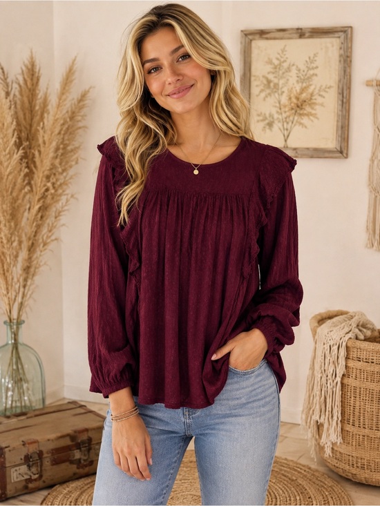 Universal Thread Tops - Universal Thread Burgundy Ruffle Trim Long Sleeve Blouse
